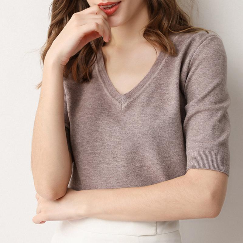 IHUASU Women's Spring Short-sleeved Jumper Knitwear V-neck Tide with Loose Bottoming Shirt T-shirt