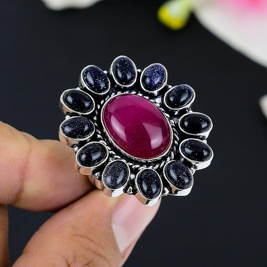 

Red Jade, Sunstone Gemstone 925 Sterling Silver Jewelry Ring Size 9 KG-141