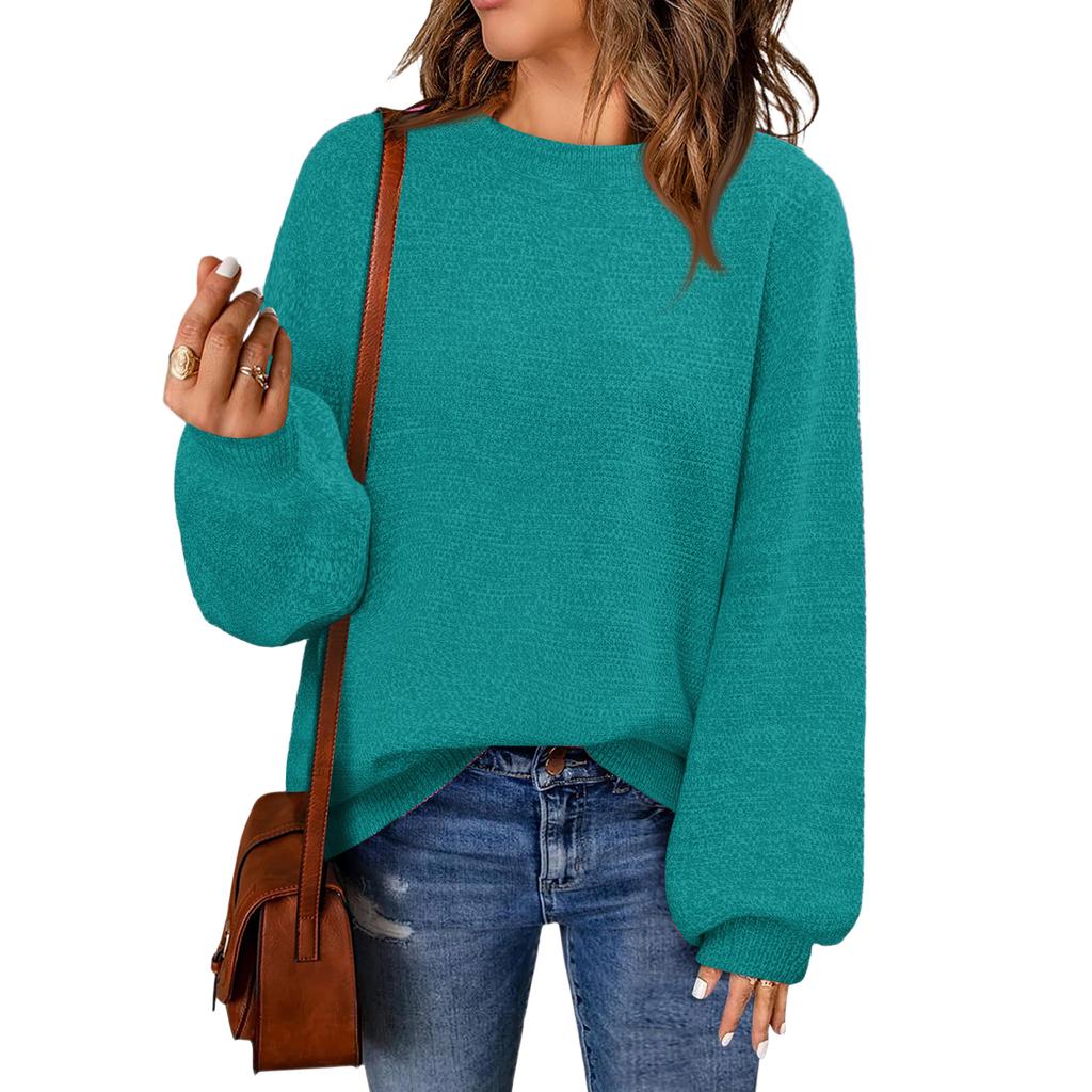 Women's Fashion Round Neck Pullover Sweater Casual Versatile Solid Color Knit Top