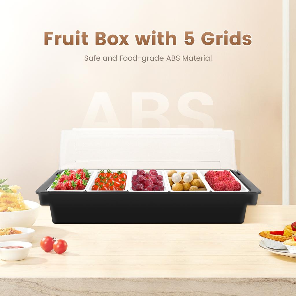 Fruit Veggie Condiment Caddy with Lid 5 Compartment Plastic Dispenser Tray for Catering Dips Toppings Serving Taco Ice Cream