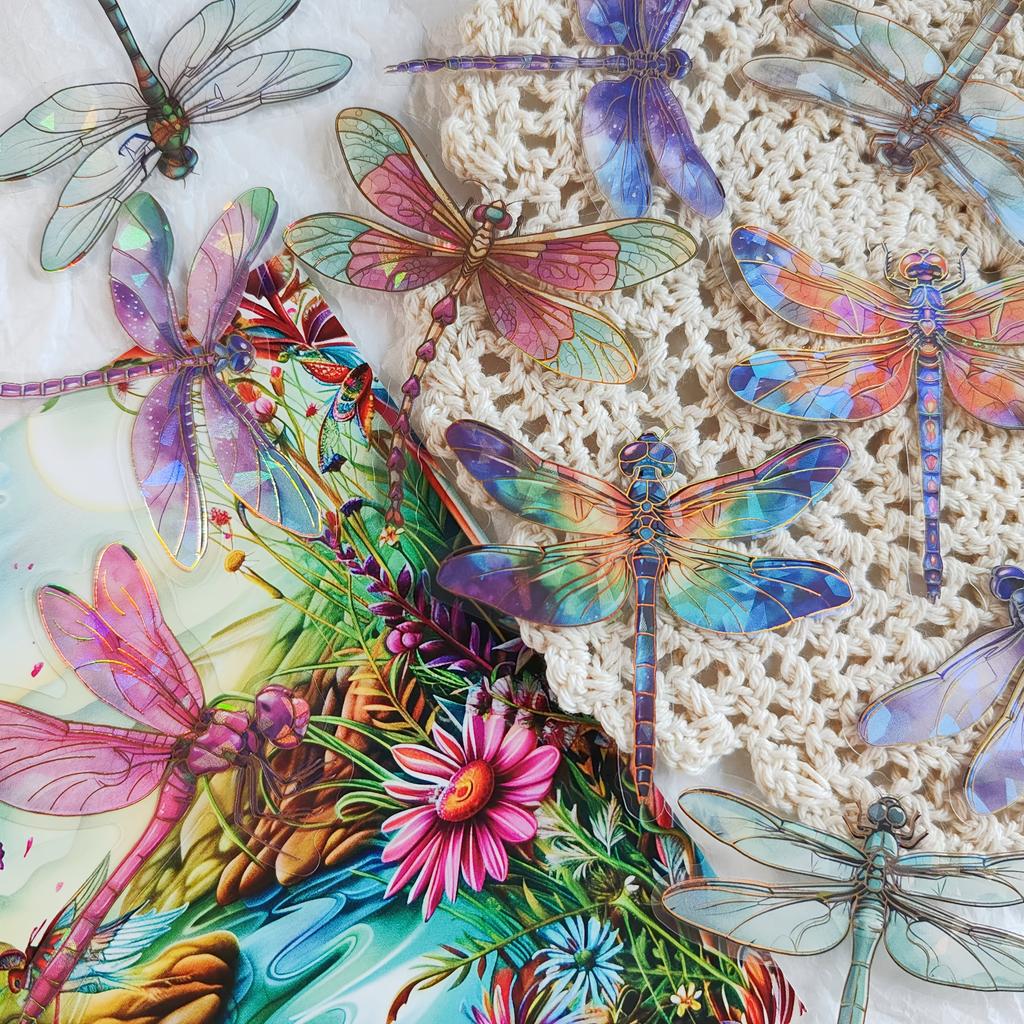 30pcs Vibrant Dragonfly Graffiti Stickers Self-Adhesive with Sparkling Laser Effect Iridescent Vinyl Decals for Scrapbooking, Journaling & DIY Crafts