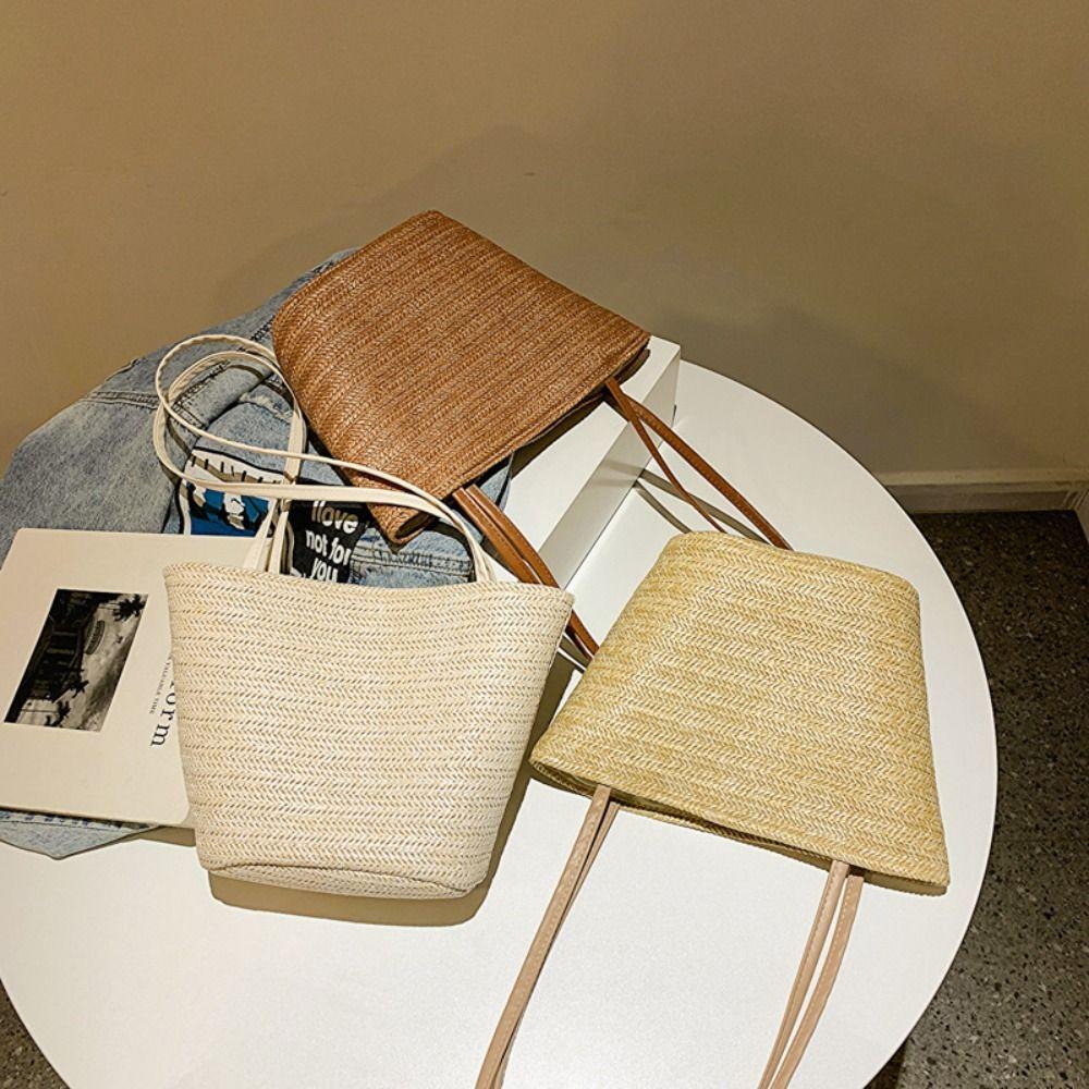 Large Capacity Straw Bucket Bag Solid Color Shoulder Bag Fashion Summer Beach Tote  Girls