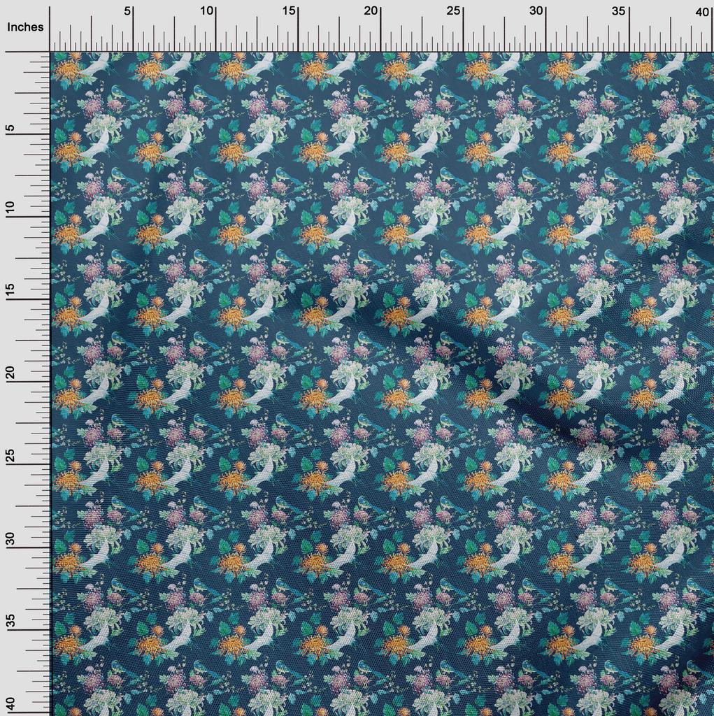 oneOone Cotton Flex Dark Blue Fabric Asian Japanese Floral Craft Projects Decor Fabric Printed By The Yard 40 Inch