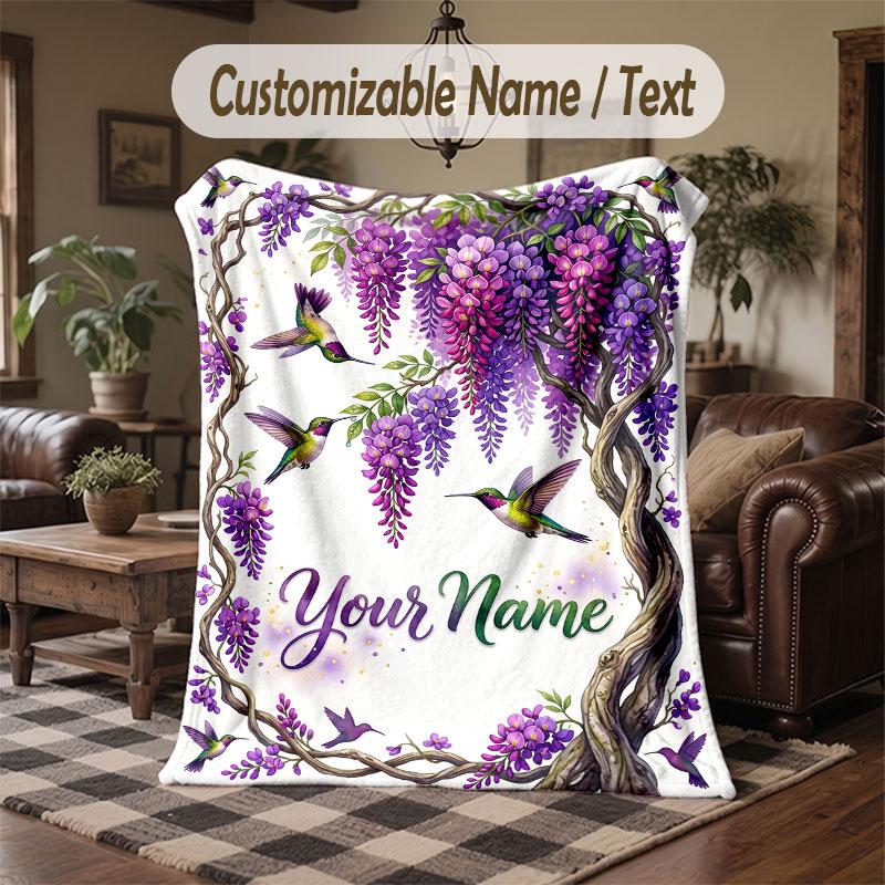Birds Theme Throw Blanket Custom Name Text Personalized Blanket Soft Cozy Blanket for Home Sofa Bed