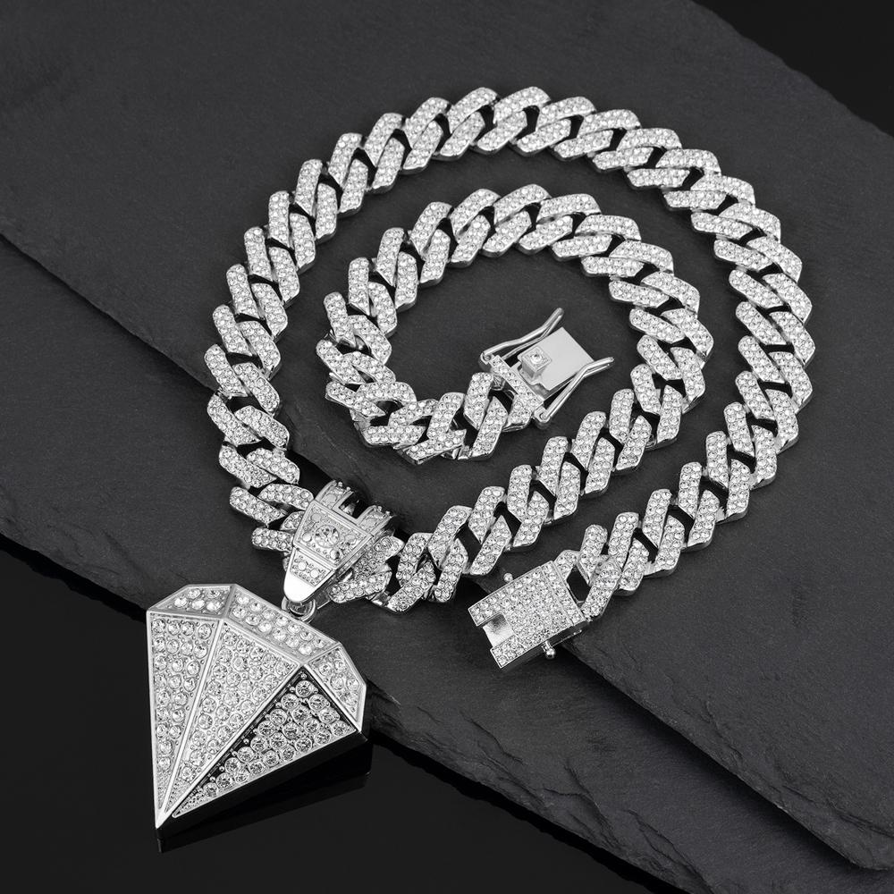 Hip Hop Tapered Pendant Necklace with 14mm Cuban Chain Diamond Shape Pendants Necklaces Fashion Charm Jewelry,For Men And Women
