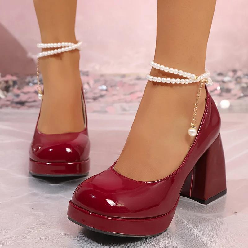 Fashion Punk Goth Green High Heels Pumps for Women Chunky Heel Patent Leather Dress Party Shoes Woman Pearl Ankle Strap Mary Jane Pumps