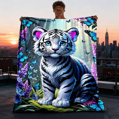 1pc Tiger Fantasy Garden Throw Blanket Polyester Fiber, Lightweight Flannel, Soft & Warm, All Season Use for Outdoor, Camping Digital Print