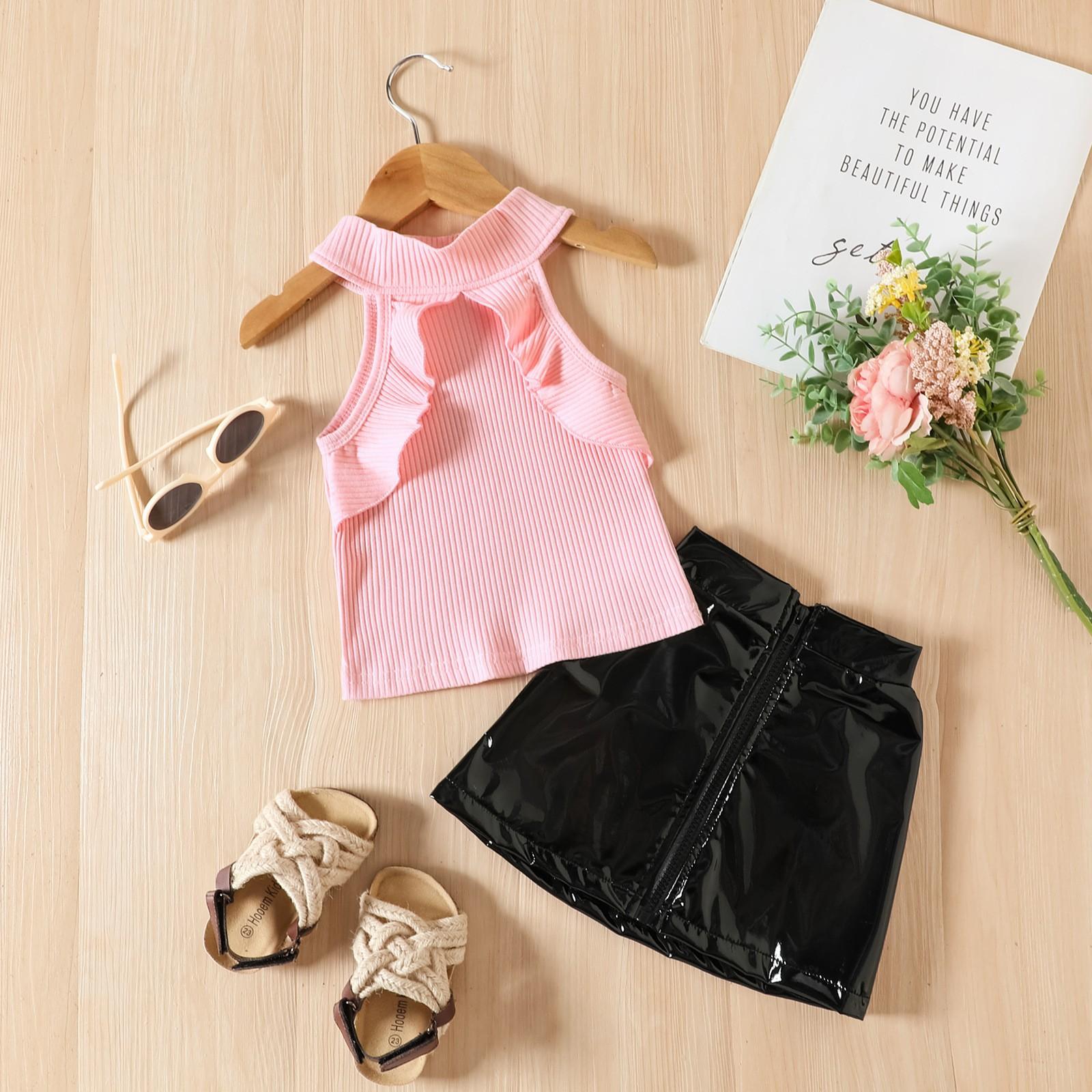 

Girls Fashion Set: Summer Children s Solid-color Sleeveless Striped Top + Shiny Leather Skirt Set 90cm рожевий