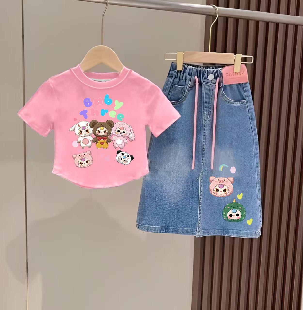 Юго-Восточная Азия 2025 Лето Милая мультяшная футболка и джинсовая юбка Тренд 120 cm