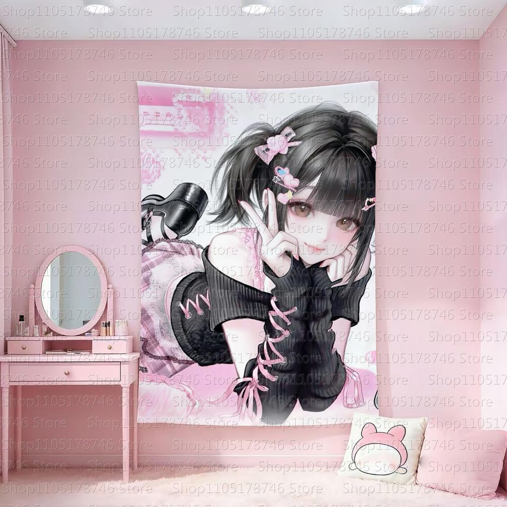 y2k black and pink wall hanging rental roomdormitory wall tapestry girly decorative cloth