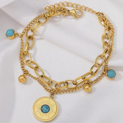Retro European-American Gold Titanium Steel Turquoise Bracelet