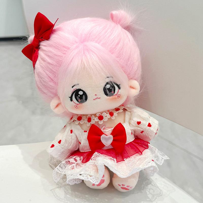 20 cm Mignonne Robe Rouge à Nœud Costume Poupée Peluche Jouet Kawaii Peluche Douce Idol Poupée Coton Pour Vêtements DIY Filles Enfants Fans Collection Cadeau no skeleton doll white