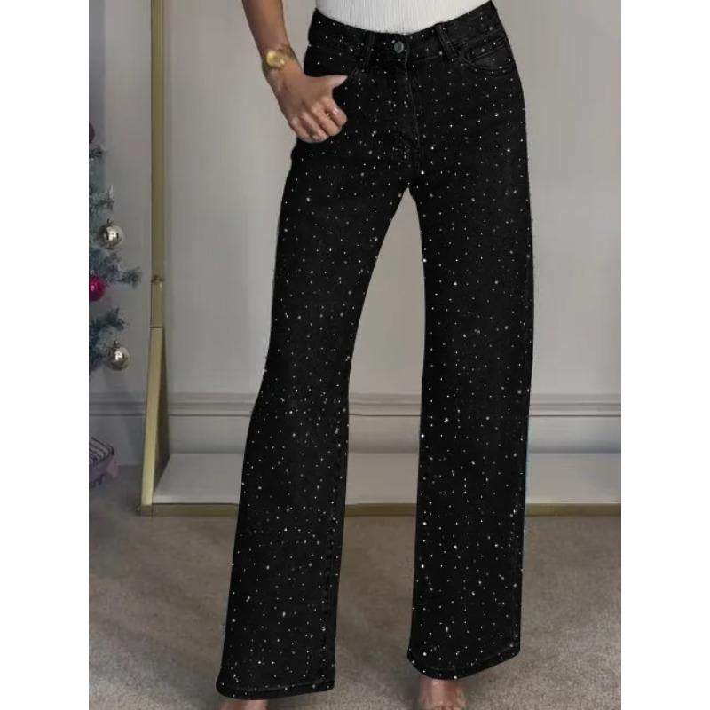 Shiny Rhinestone Jeans Pants Sexy Women High Waist Elegant Night Club Diamonds Denim Straight Trousers