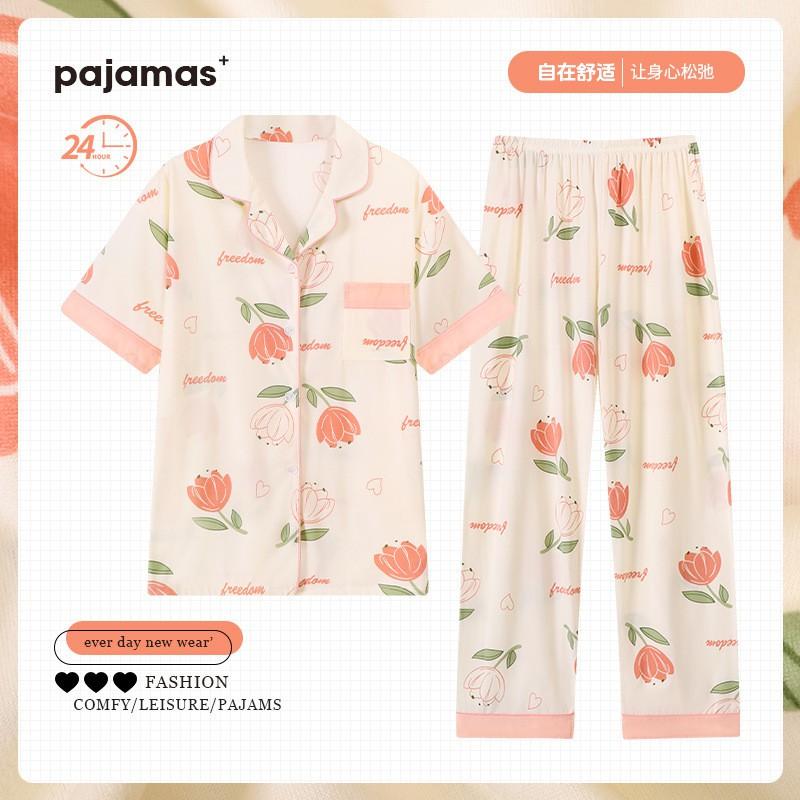 Middle-aged Womens Short Sleeve Long Pants Loungewear Set Plus Size Elegant Sleepwear