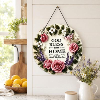 God Bless This Home Wooden Door Sign, Round Floral Wall Decor, Christian Faith Blessing Plaque, Warm Welcome Porch Hanging, Meaningful Housewarming