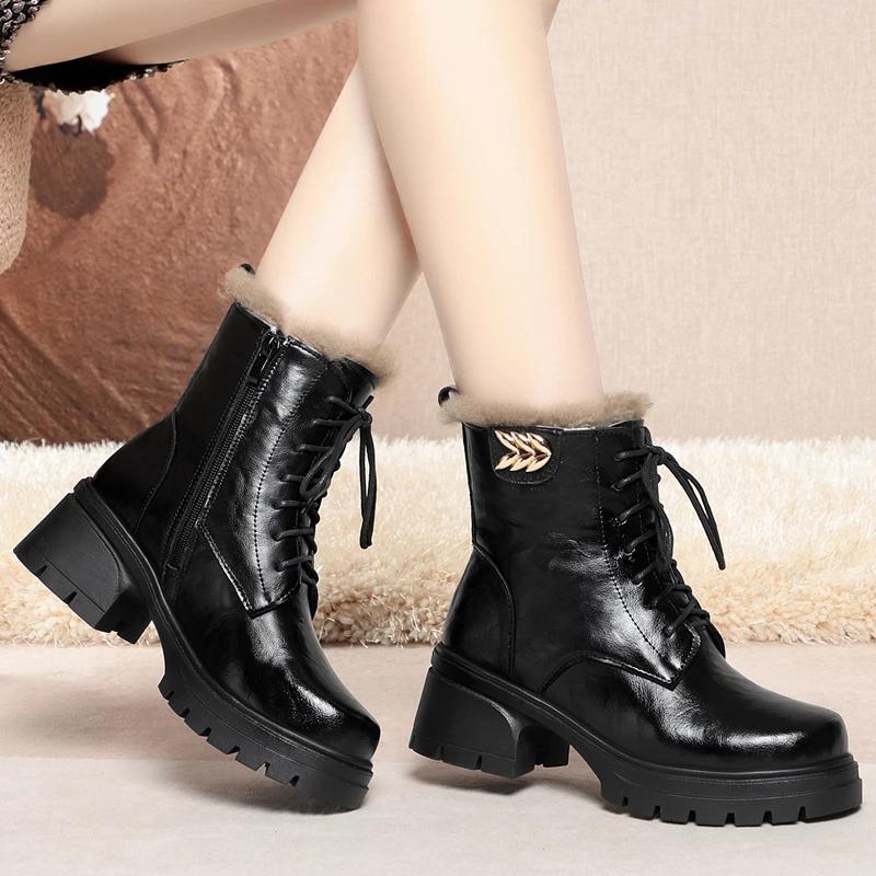 2025 New High Quality Genuine Leather Plush Women's Ankle Boots Winter Warm Wool Women's High-heeled Snow Boots Botas Para Mujer