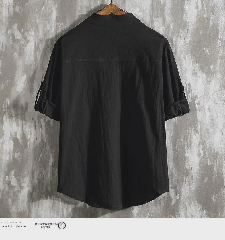 Men's Trendy White Linen Three-Quarter Sleeve Shirt - Loose and Lightweight Summer Fit
