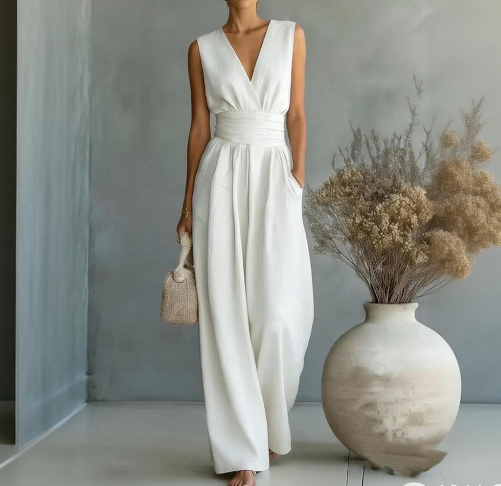 Sleeveless V Neck Wide Leg Jumpsuit for Women Elegant Long Romper with High Waist and Pockets Casual Loose Fit Overalls