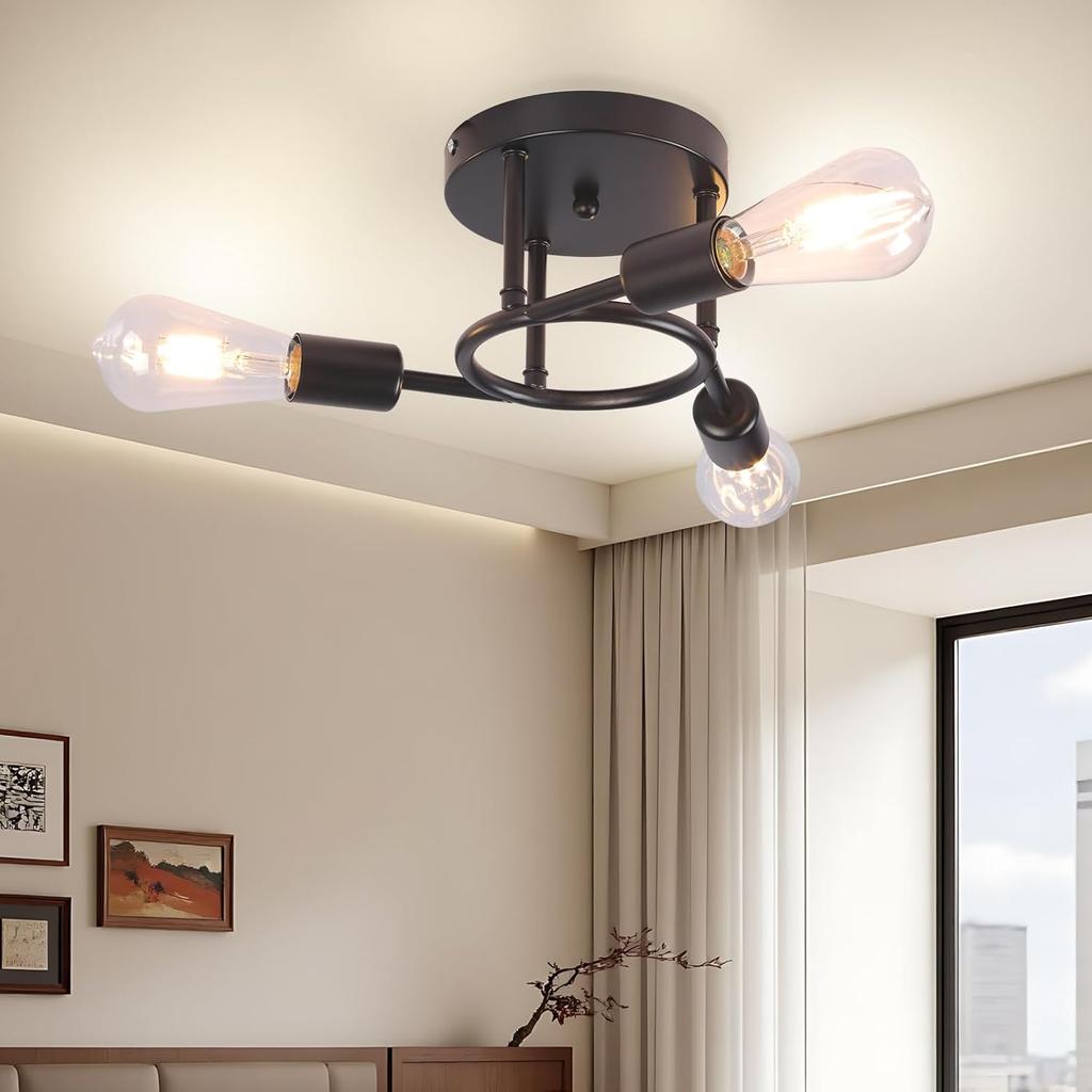 Semi Flush Mount Ceiling Light Metal Black Sputnik Chandelier 3 Light E27 Bulb Base Near Ceiling Light for Living Room Hallway