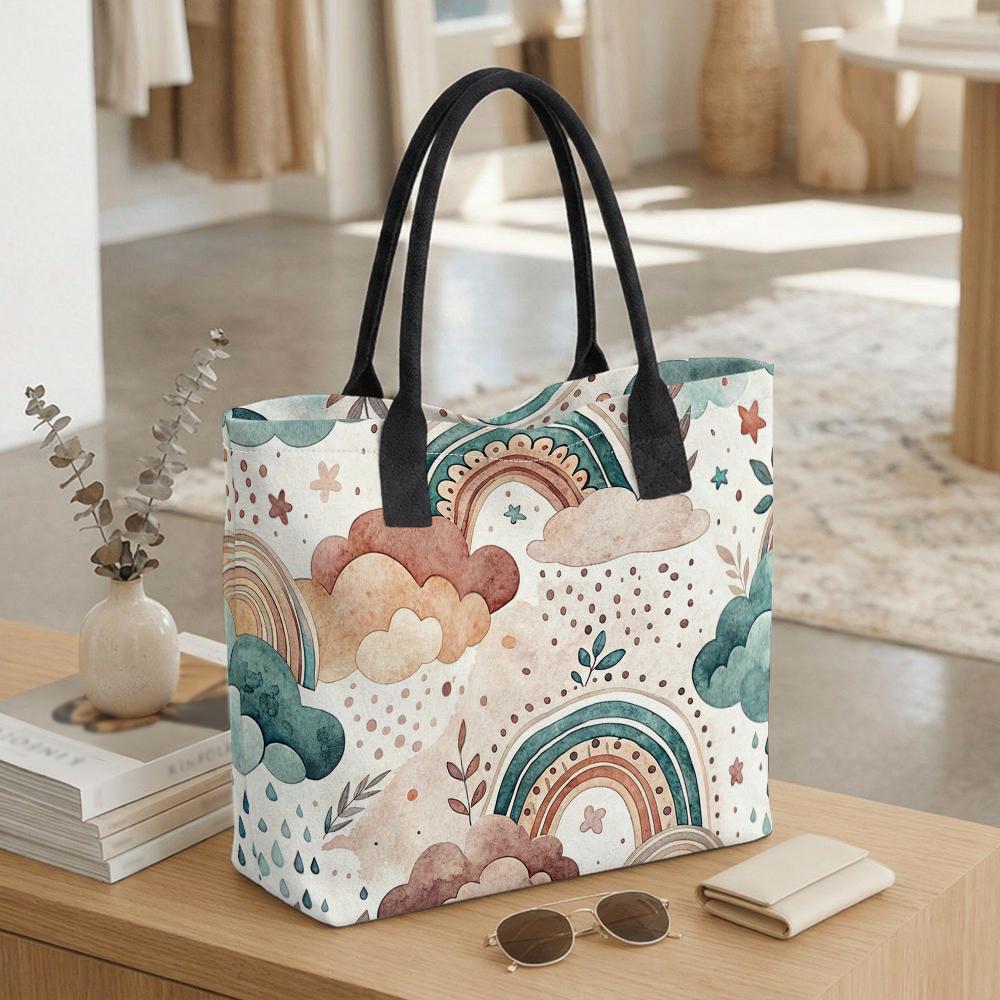 Boho Rainbow Cloud Print Tote Bag Portable Large Capacity Shopping Bag Casual Daily Shoulder Bag