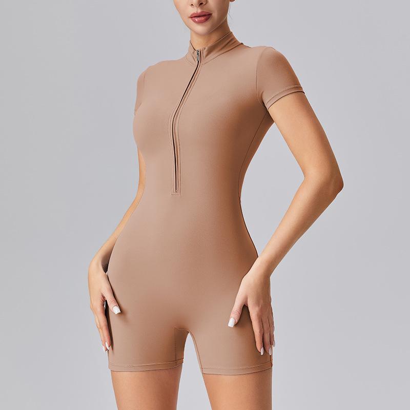 

Женский европейский и американский летний боди для йоги с полумолнией - Короткий рукав, эластичный, с эффектом лифтинга бедер, утягивающий талию для фитнеса и танцев M хаки