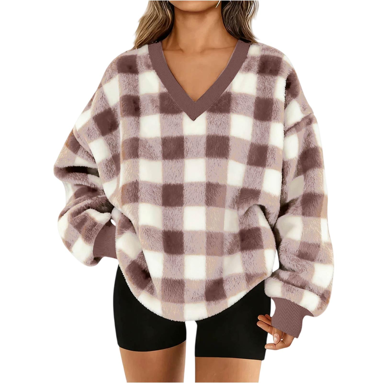 

Женский свитшот с V-образным вырезом, плюшевый, в клетку, повседневный, модный, с длинным рукавом, с карманами, пуловер M коричневый