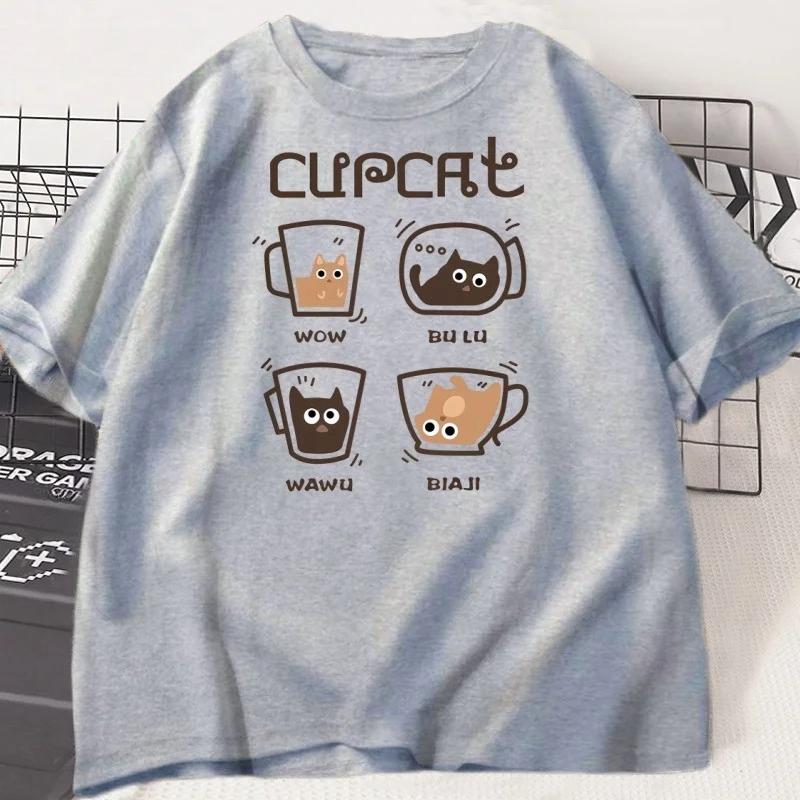Funny Cat Coffee T-shirt Casual Short Sleeve Women Fashion T Shirt Printed Comfortable Round Neck Short Sleeves T-shirt Top