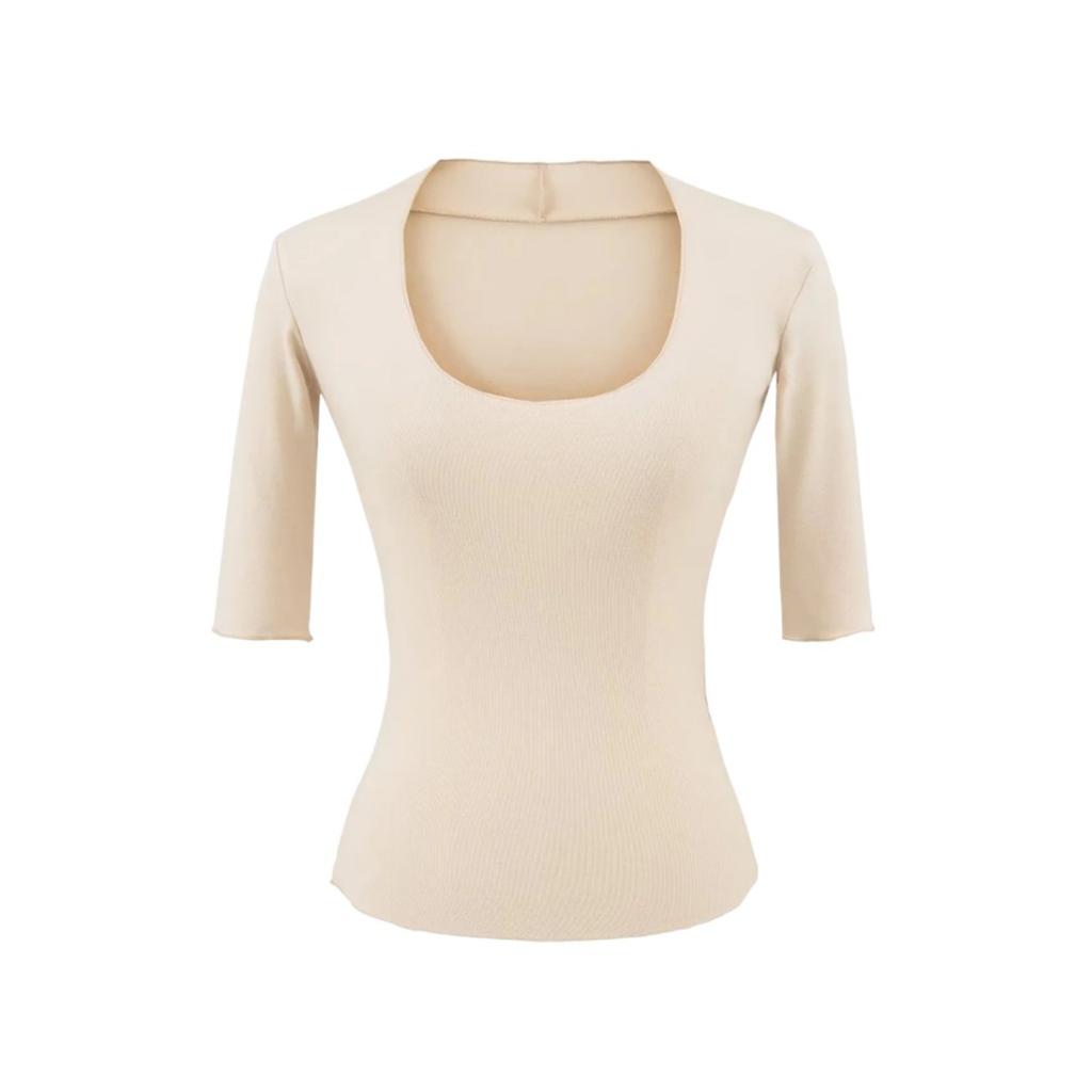 Women's Scoop Neck 3/4 Sleeve Slim Fit T Shirt Solid Color Basic Crop Top Casual Tee
