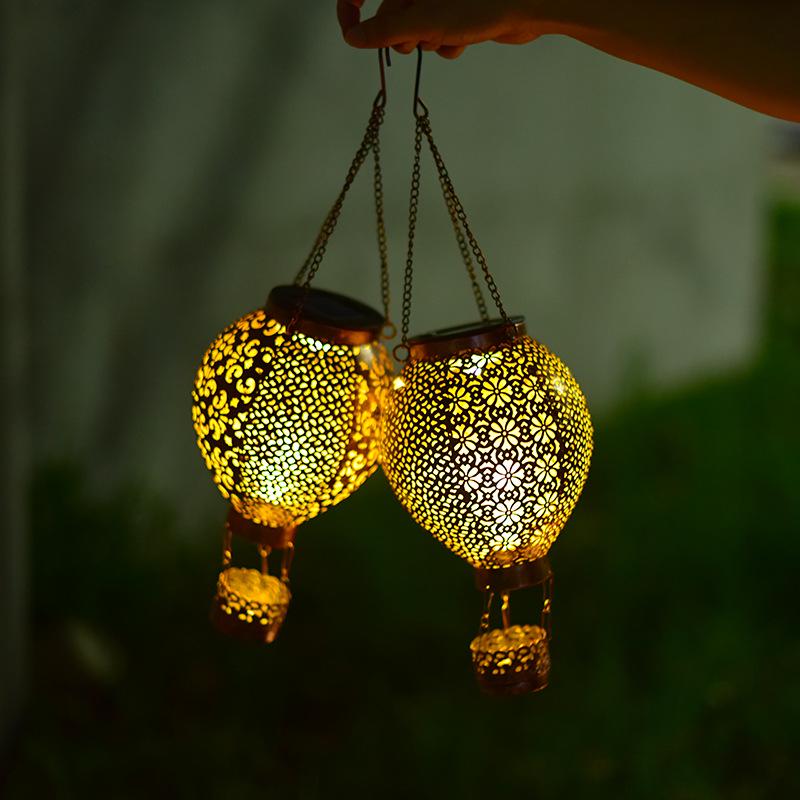 Outdoor Solar Hot Air Balloon Garden Lights - Wrought Iron Patio Projection Lanterns