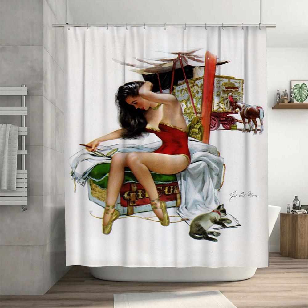 Vintage Art Shower Curtain With Elegant Woman And Cat Print Decorative Bathroom Liner For Home Decoration Size: 180 X 240 Cm (La
