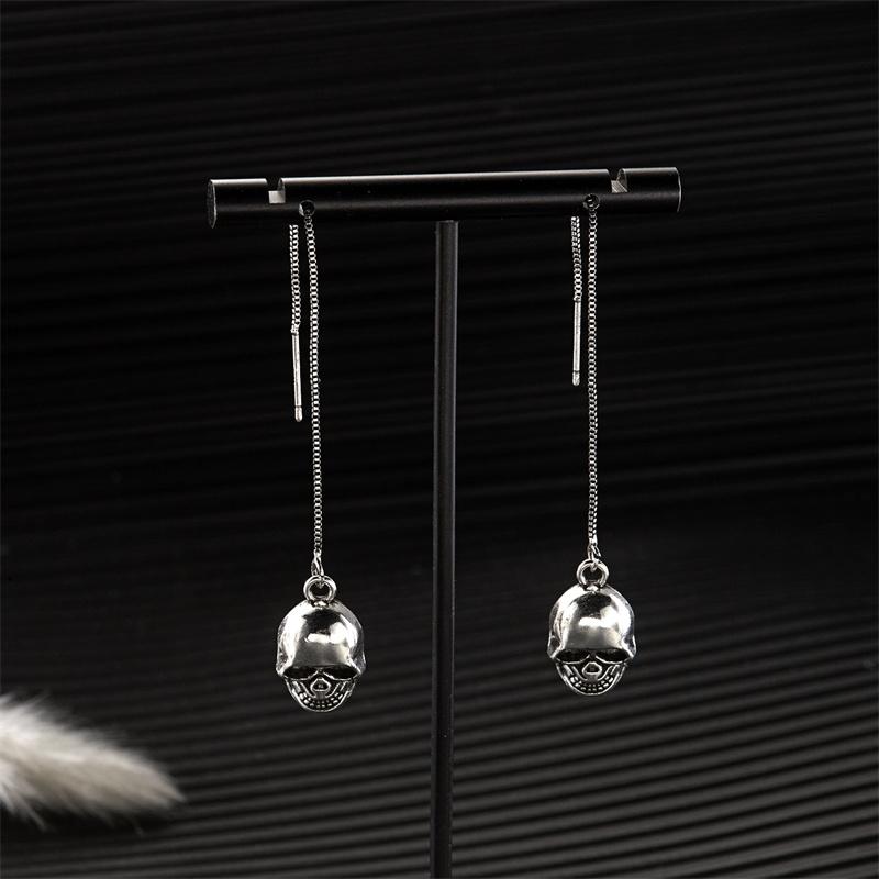 Halloween Silver Skeleton Ear Thread Earrings Spooky Skull Dangle Drop Fashion Gift for Women Girls Costume Party Jewelry