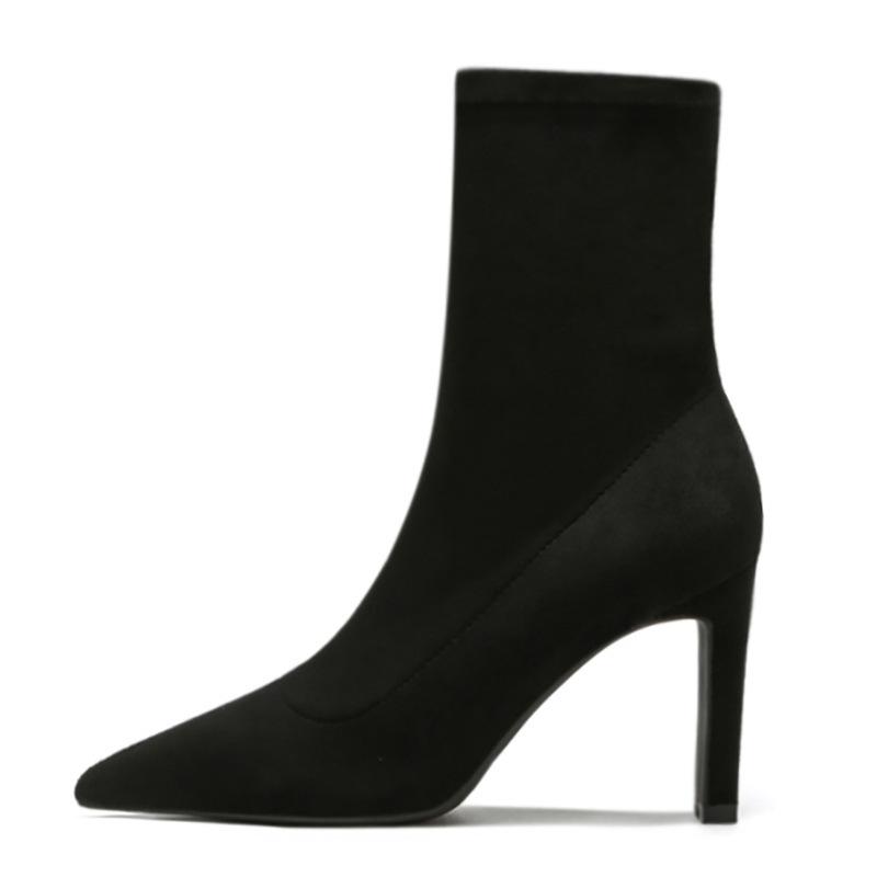 New black pointed high-heeled short boots women's spring and autumn single boots pointed thin medium tube elastic thin boots