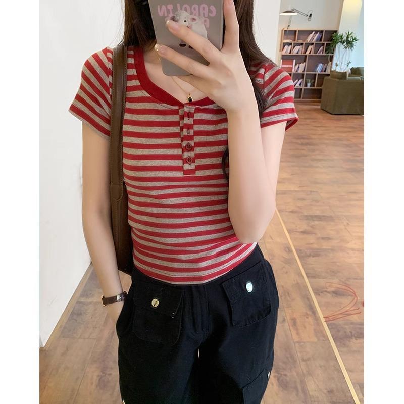 

Американская ретро полосатая футболка контрастного цвета с правым плечом женская с коротким рукавом весенне-летний дизайн тонкий U-образный вырез с короткими летящими рукавами короткий топ XL красный