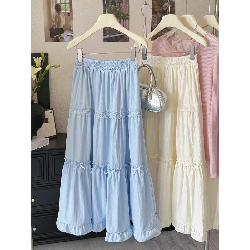 

White cake skirt women s summer new j sweet bow high waist thin lace long skirt a word skirt umbrella skirt One size fits all ( 42.5-70kg ) recommended синій