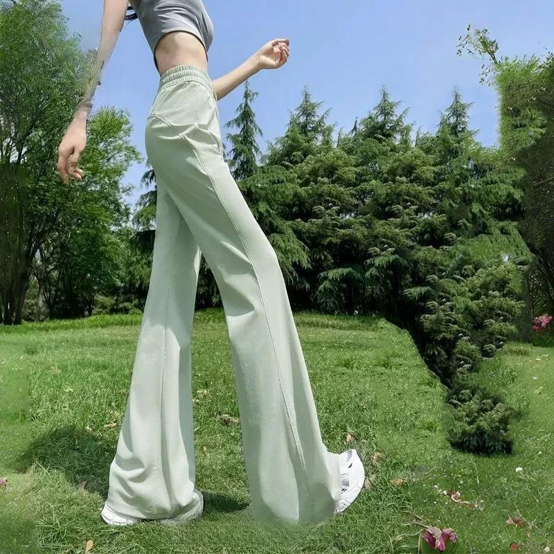 

Womens High Waist Ice Silk Elastic Waist Flare Pants S зелёный