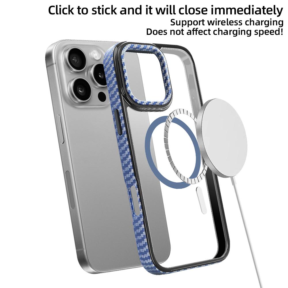 For iPhone 16 pro Max Strong Magnetic Phone Case Carbon Fiber Pattern Frame Transparent Cover for iPhone 16 pro, Wireless Charge
