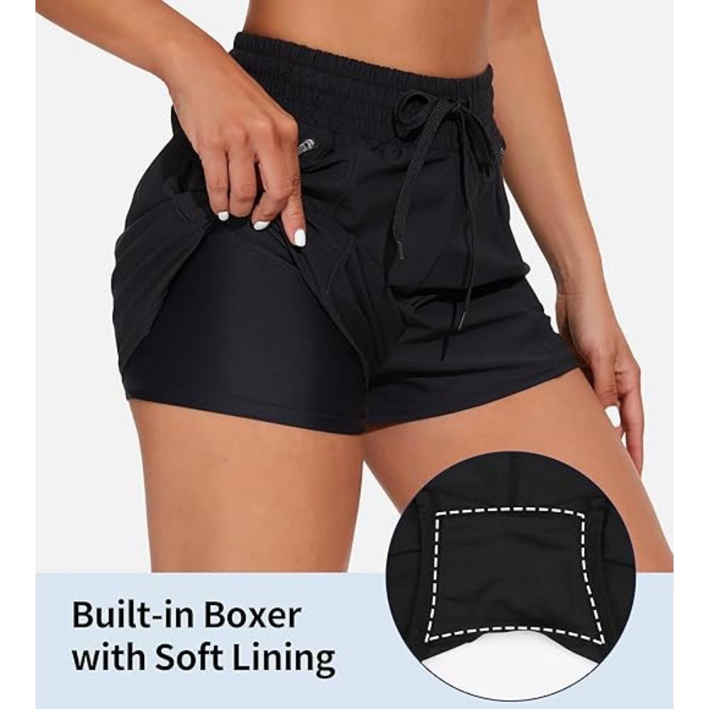 CHARMLEAKS Women's High Waisted Swim Shorts Drawstring Board Shorts with Zipper Pockets Liner