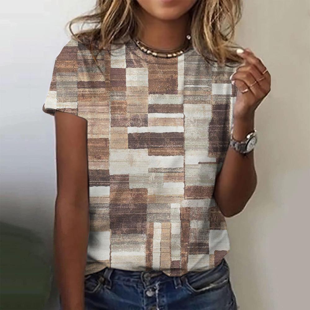Summer Women's T Shirt Plaid Pattern Print Casual Short Sleeve Crew Neck Tops Fashion Street Oversized Female Clothing Pullover