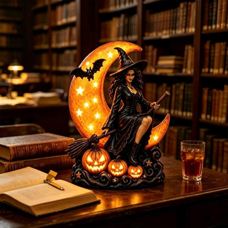 Halloween Moon Figure Lamp Resin Seasonal Accent with Soft Light, Freestanding Shelf Display for Entryway Table Fall Styling for