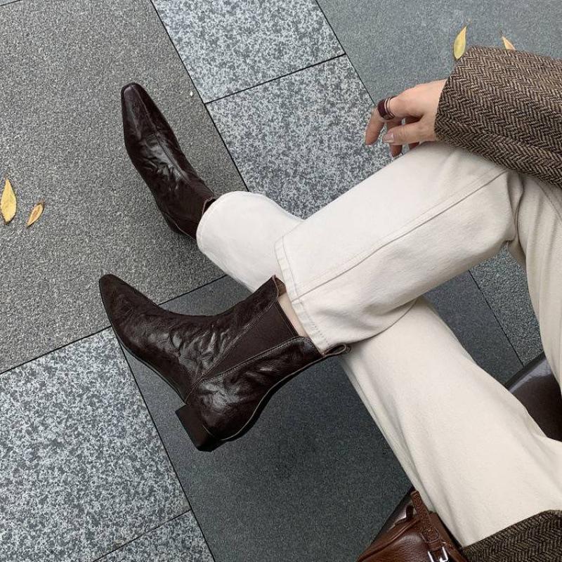 New women's leather shoes medium heel large size women's boots versatile leather Martin boots sleeve comfortable rubber sole medium boots women