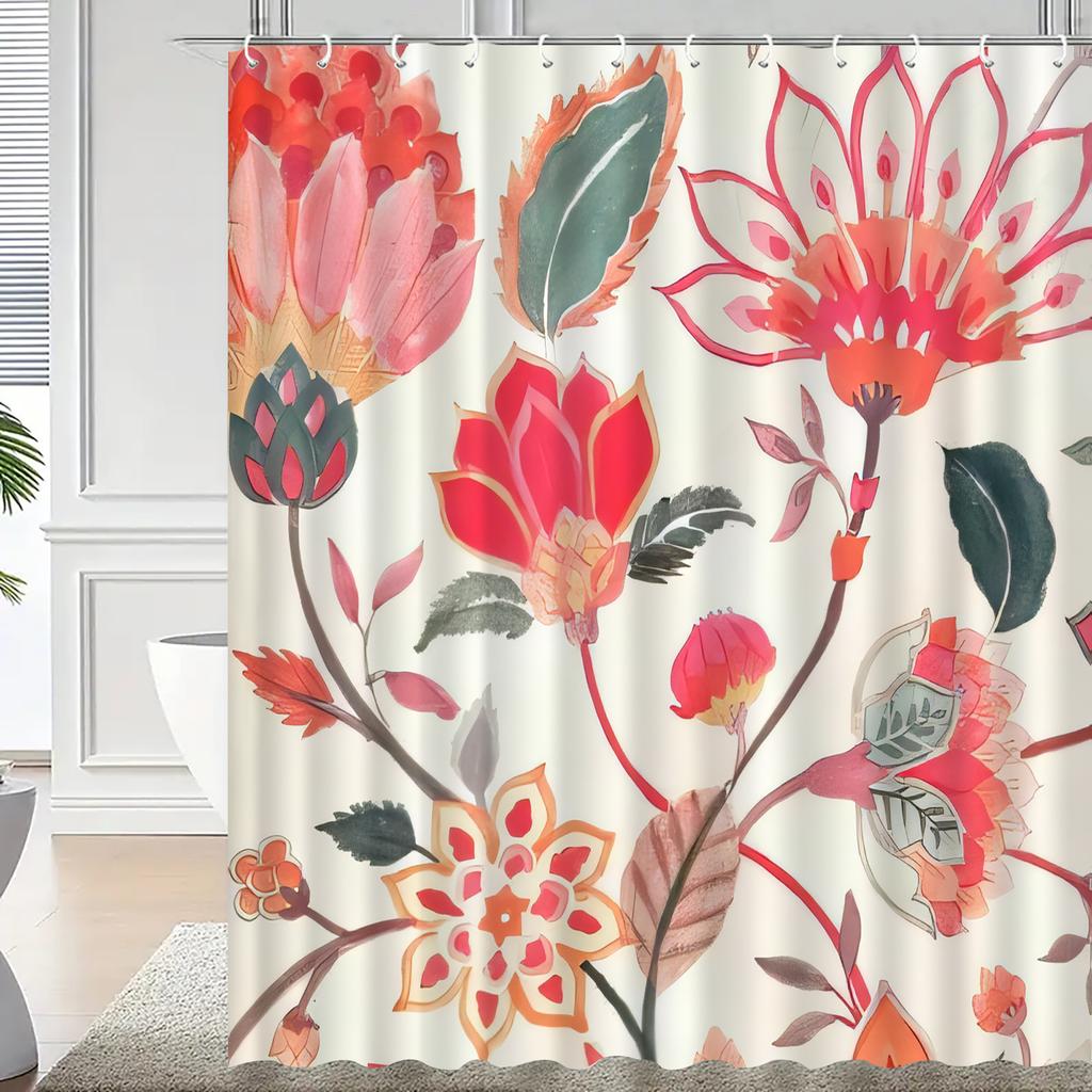 Elegant Red Floral Shower Curtain - Anti-Fog, Vibrant Botanical Design, Durable Polyester, Includes Hooks, Modern Bath Decor