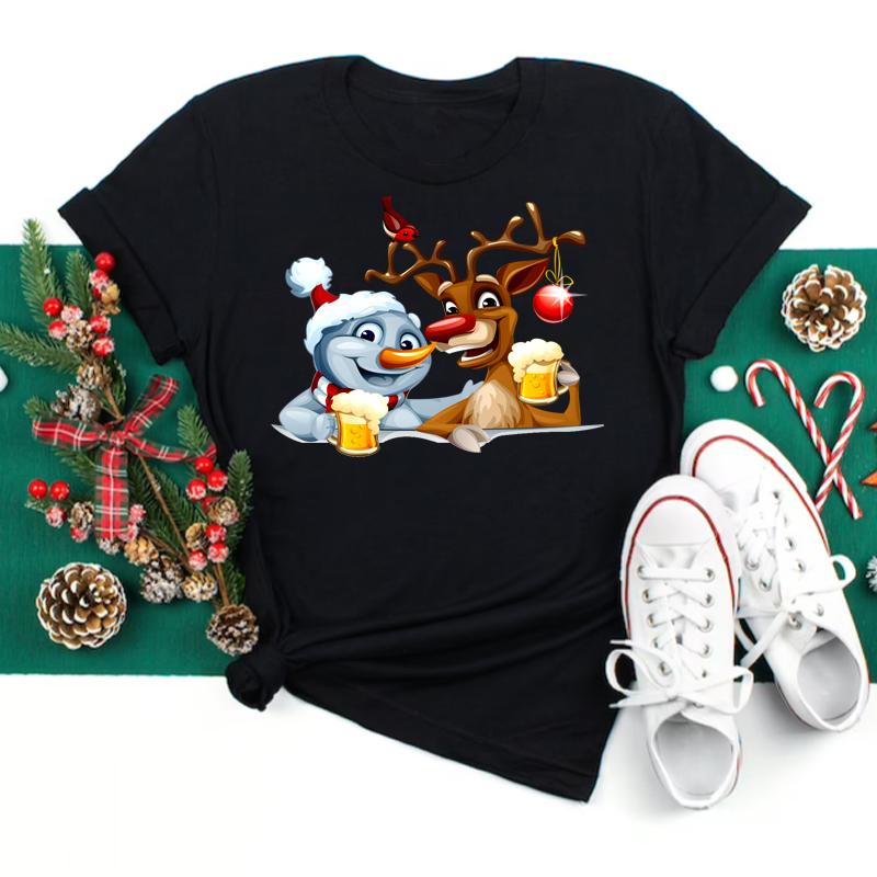 Merry Christmas Women's Fashion Top Kawaii Santa Claus Deer Women's Round Neck Top T-shirt Fashion T-shirt Women's Y2K Clothing