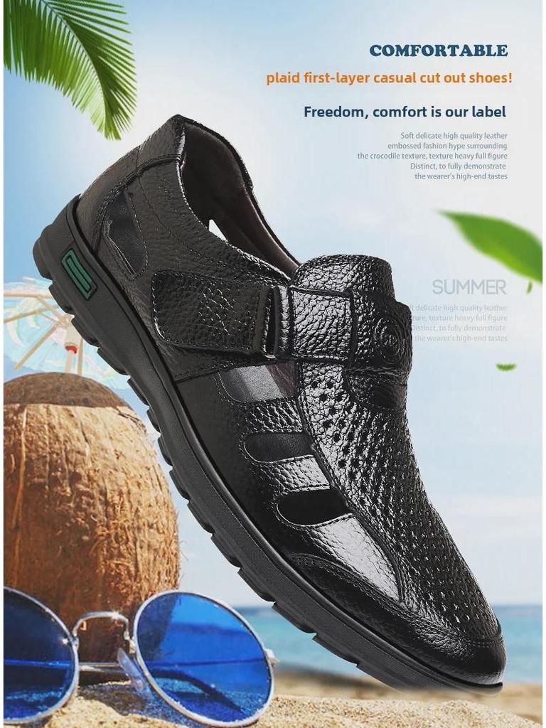 Herrsommar Sandaler i andningsbart läder - Svarta Casual Koreansk stil Formella skor