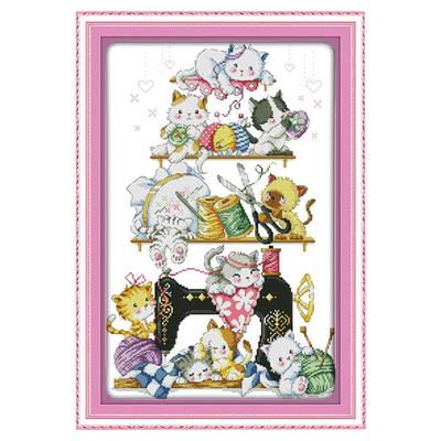 Chats drôles sur machine à coudre Kit de point de croix pour enfants adultes 45 x 66 cm 11CT