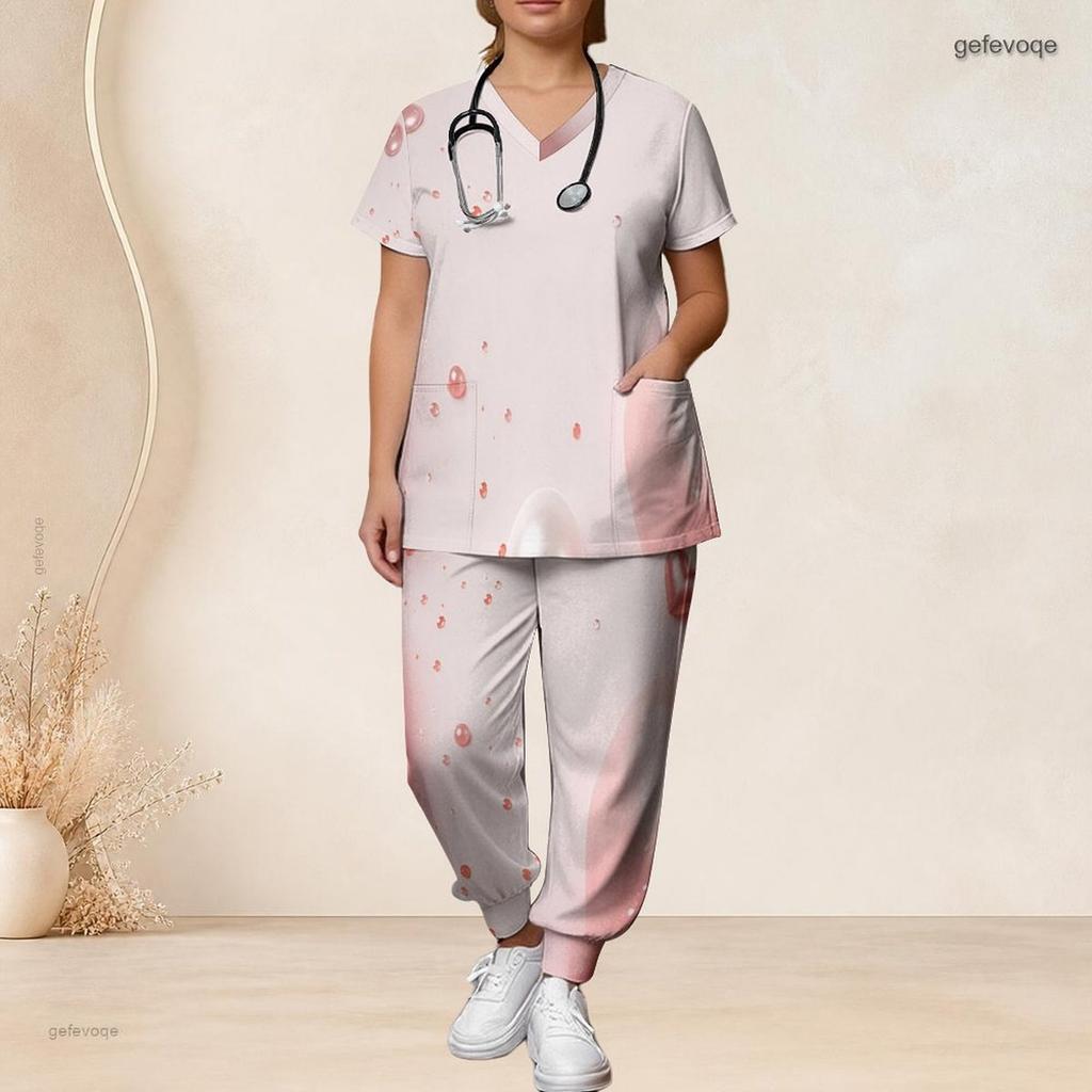 Women Plus Size Heart Balloon Print Scrub Set Short Sleeve V Neck Top And Wide Long Pants Medical Work Suit