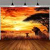 2D-Ebene ein Hintergrundstoff mit einem Sonnenuntergangsthema der afrikanischen Savanne zwei Löwen auf der Savanne Polyesterfaser