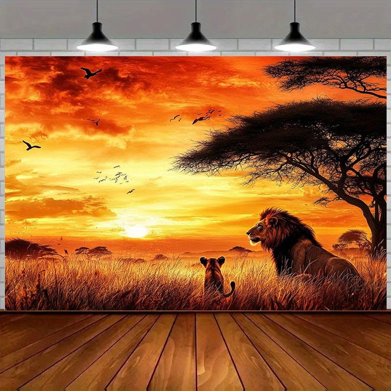 2D plane a background fabric with a sunset theme of the African grassland two lions on the grassland polyester fiber 100x150cm