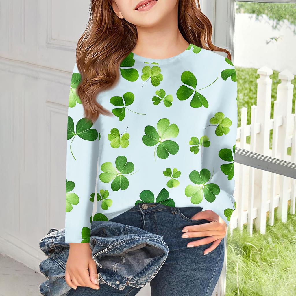 Girls Long Sleeve T Shirts Kids Fall Tops Crewneck Printed Basic Tees Saint Patrick's Day