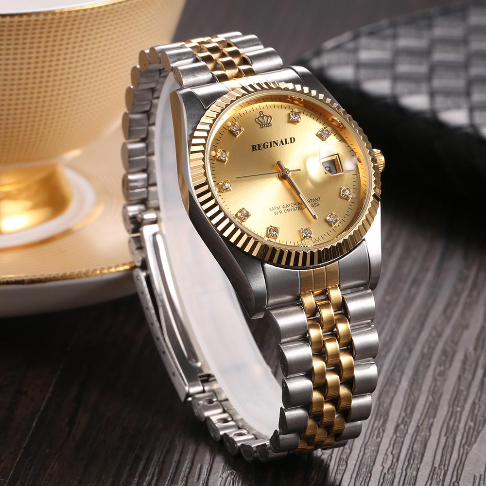 REGINALD Brand Mens Dress Style Business Watch Steel Wristband Golden Men Quartz Watch Valentine's Day Present For Man