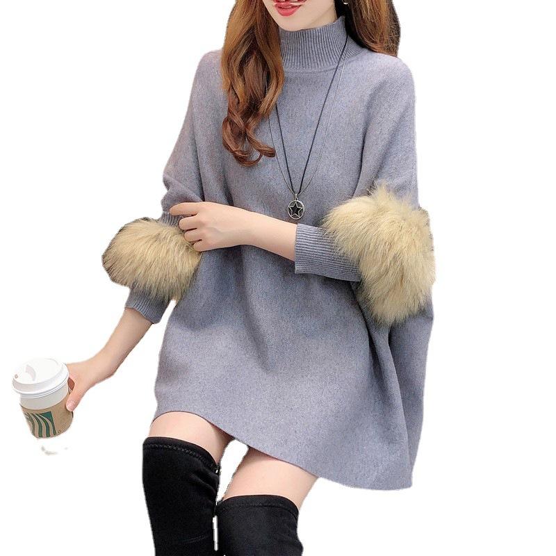 Autumn and Winter New Fur Sleeve Cape Shawl Half High Collar Knitted Pullover Sweater Loose Jacket for Women